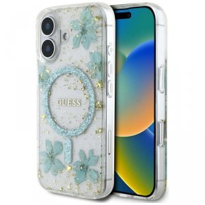 Etui Guess Resin Flowers Glitter MagSafe do iPhone 16 turkusowy