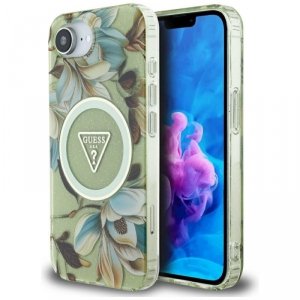 Etui Guess IML Metal Glitter Flowers     Triangle MagSafe do iPhone 16e zielony