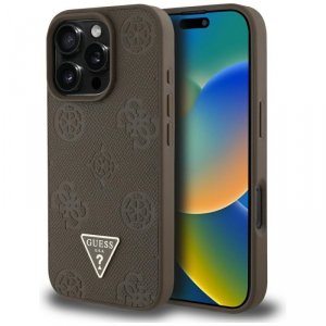 Etui Guess Grained Hot Stamp Peony       Triangle Logo MagSafe do iPhone 16 Pro brązowy