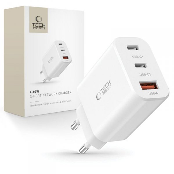 TECH-PROTECT NC30W 3-PORT ŁADOWARKA SIECIOWA  PD30W/QC3.0 WHITE
