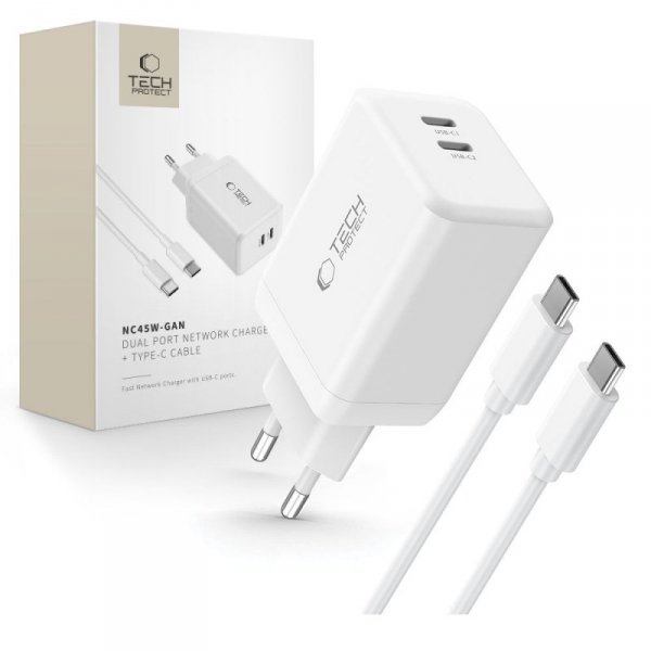 TECH-PROTECT NC45W-GAN 2-PORT ŁADOWARKA SIECIOWA  PD45W + KABEL TYP-C  WHITE