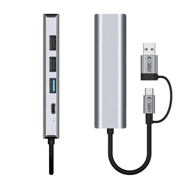 TECH-PROTECT HB03 HUB ADAPTER 5IN1 TYPE-C + USB2.0 + USB3.0 + RJ45 SPACE GREY