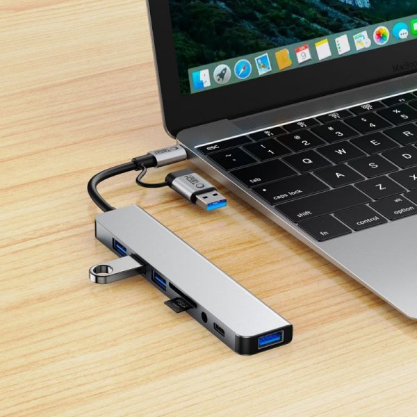 TECH-PROTECT HB06 HUB ADAPTER 8IN1 TYPE-C + USB2.0 + USB3.0 + SD/TF + AV3.5 SPACE GREY