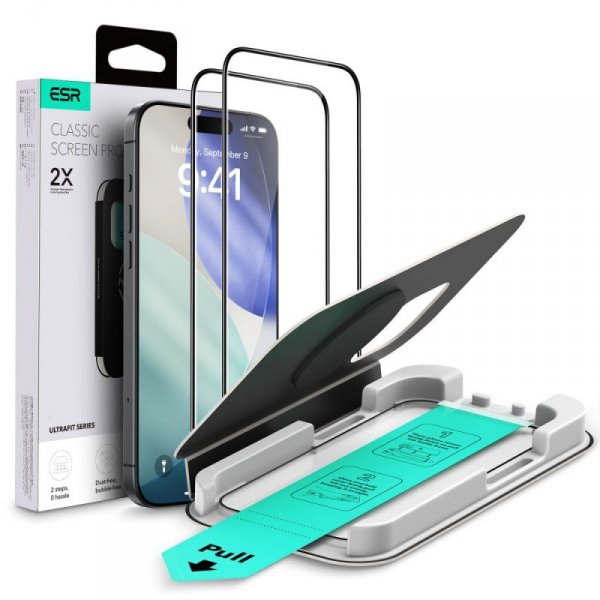 2x Szkło ESR UltraFit iPhone 16 Pro 17 na Cały Ekran Czarne + Ramka Montażowa