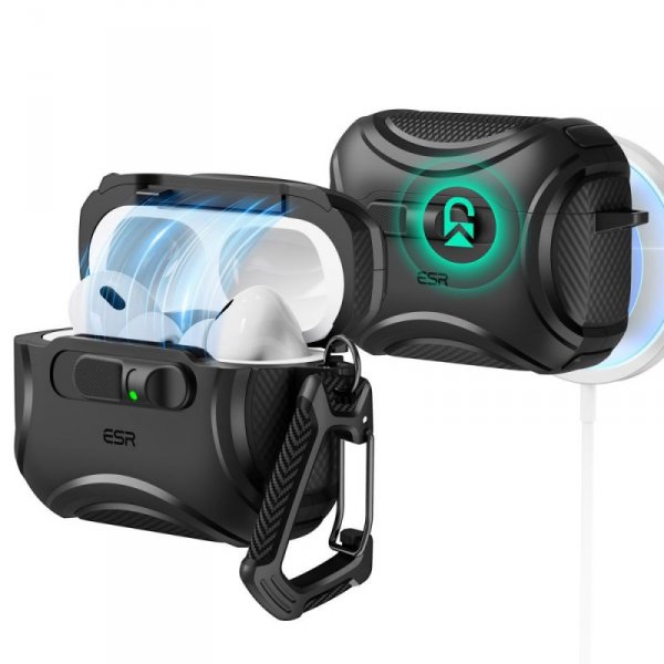 Pancerne Etui MagSafe ESR Cyber FlickLock do AirPods Pro 3 Czarne z Blokadą