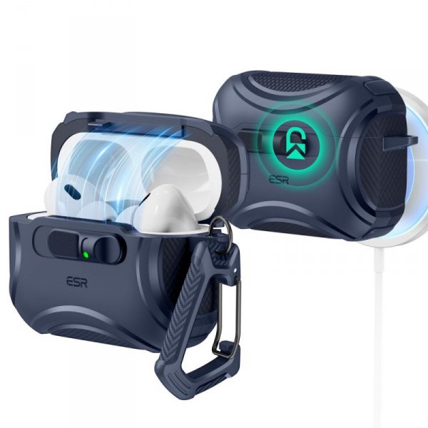 Pancerne Etui MagSafe ESR Cyber FlickLock do AirPods Pro 3 Niebieskie z Blokadą