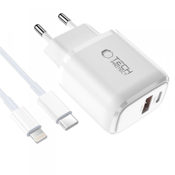 Szybka Ładowarka Sieciowa Tech-Protect NCA45W-GAN 2-Port PD 45W / QC3.0 + Kabel Lightning White