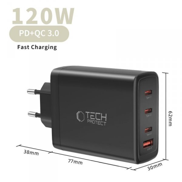 Szybka Ładowarka Sieciowa Tech-Protect PD 120W / QC3.0 4-Port PD 120W do MacBook / Samsung Black
