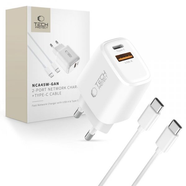 Ładowarka Sieciowa Tech-Protect NCA45W-GaN 2-Port PD 45W QC3.0+ Kabel USB-C White