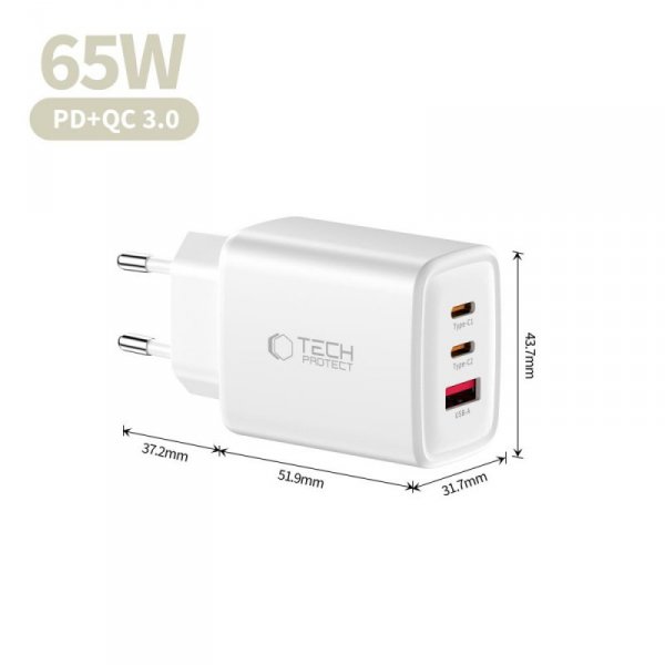 Ładowarka Sieciowa Tech-Protect NCA65W-GaN 3-Port PD 65W White