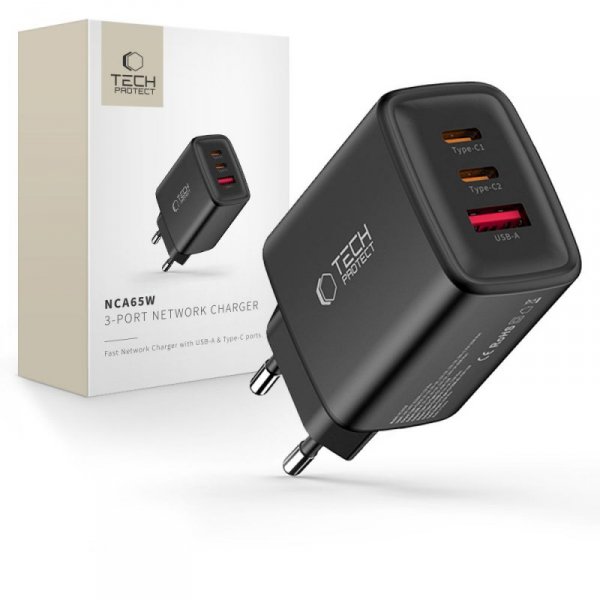 Ładowarka Sieciowa Tech-Protect NCA65W-GaN 3-Port PD 65W Black