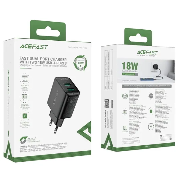 Acefast ładowarka sieciowa 2x USB 18W QC 3.0, AFC, FCP czarny (A33 black)