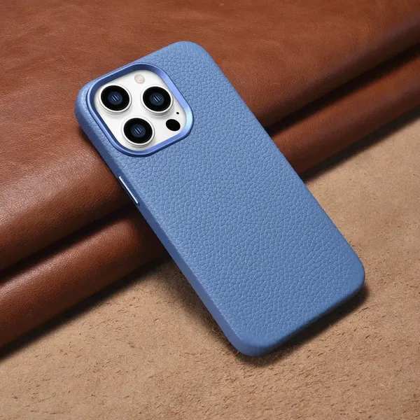 iCarer Litchi Premium Leather Case skórzane etui iPhone 14 Pro magnetyczne z MagSafe jasnoniebieski (WMI14220710-LB)