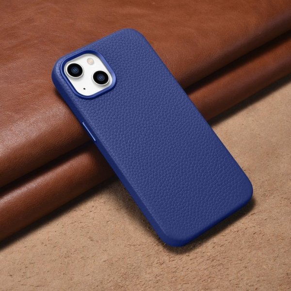 iCarer Litchi Premium Leather Case skórzane etui iPhone 14 Plus magnetyczne z MagSafe ciemnoniebieski (WMI14220711-DB)