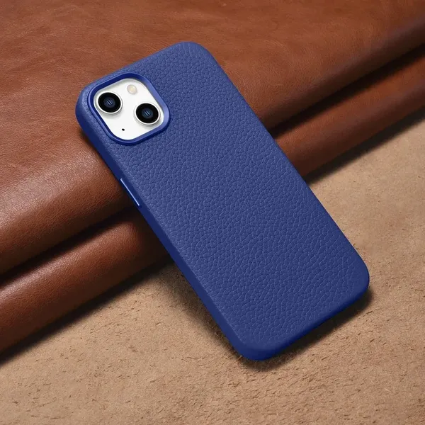 iCarer Litchi Premium Leather Case skórzane etui iPhone 14 Plus magnetyczne z MagSafe ciemnoniebieski (WMI14220711-DB)