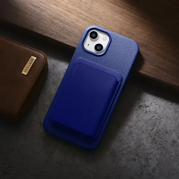 iCarer Litchi Premium Leather Case skórzane etui iPhone 14 Plus magnetyczne z MagSafe ciemnoniebieski (WMI14220711-DB)