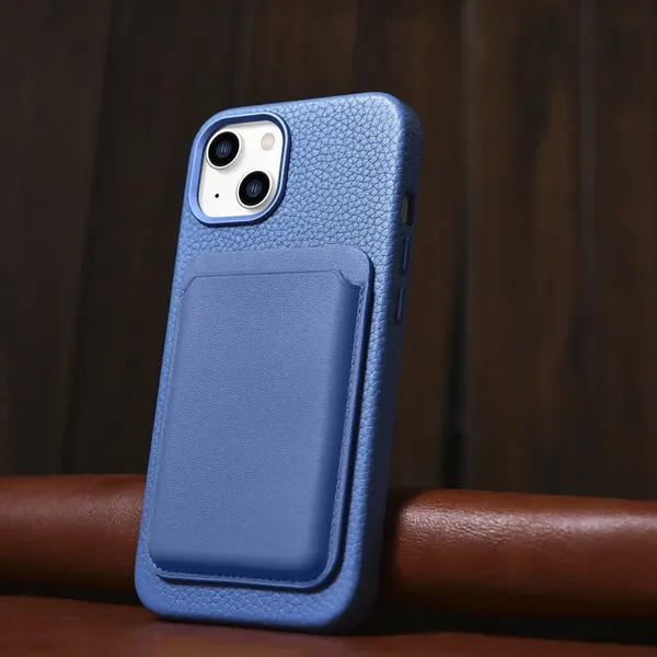 iCarer Litchi Premium Leather Case skórzane etui iPhone 14 Plus magnetyczne z MagSafe jasnoniebieski (WMI14220711-LB)