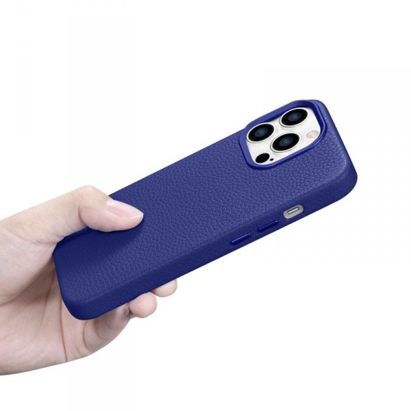 iCarer Litchi Premium Leather Case skórzane etui iPhone 14 Pro Max magnetyczne z MagSafe ciemnoniebieski (WMI14220712-DB)