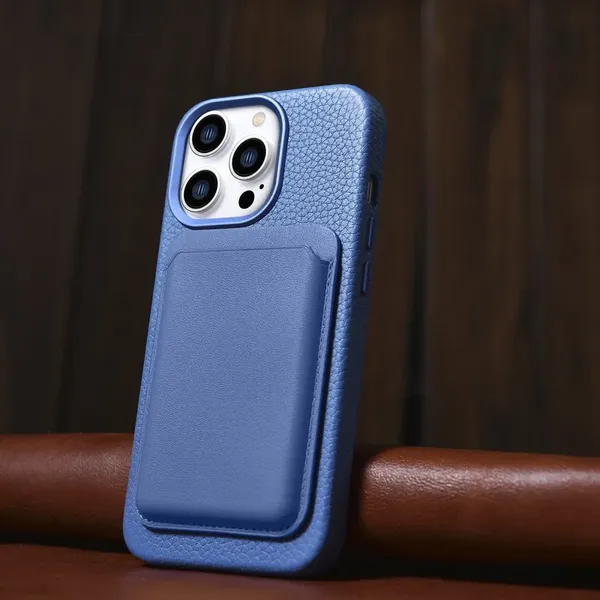 iCarer Litchi Premium Leather Case skórzane etui iPhone 14 Pro Max magnetyczne z MagSafe jasnoniebieski (WMI14220712-LB)