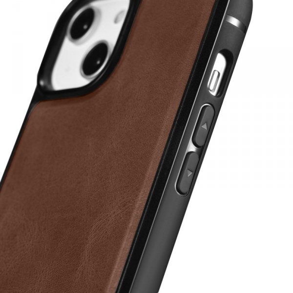 iCarer Leather Oil Wax etui pokryte naturalną skórą do iPhone 14 Pro (kompatybilne z MagSafe) brązowy (WMI14220718-BN)