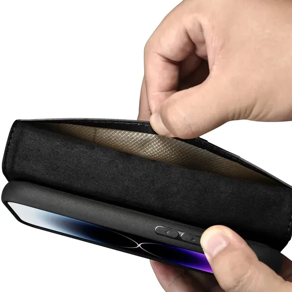 iCarer Oil Wax Wallet Case 2in1 etui iPhone 14 Pro skórzany pokrowiec z klapką Anti-RFID czarny (WMI14220722-BK)