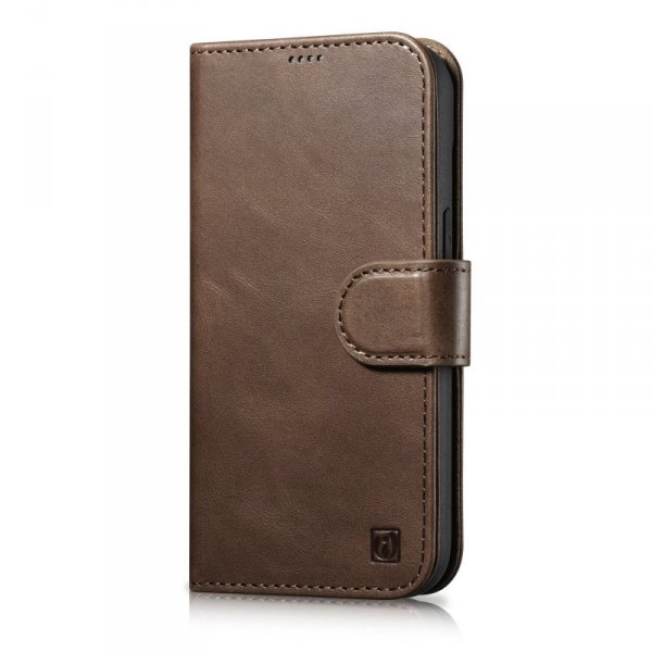 iCarer Oil Wax Wallet Case 2in1 etui iPhone 14 Pro skórzany pokrowiec z klapką Anti-RFID brązowy (WMI14220722-BN)