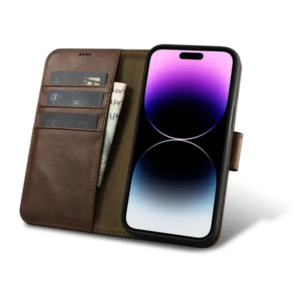 iCarer Oil Wax Wallet Case 2in1 etui iPhone 14 Pro skórzany pokrowiec z klapką Anti-RFID brązowy (WMI14220722-BN)