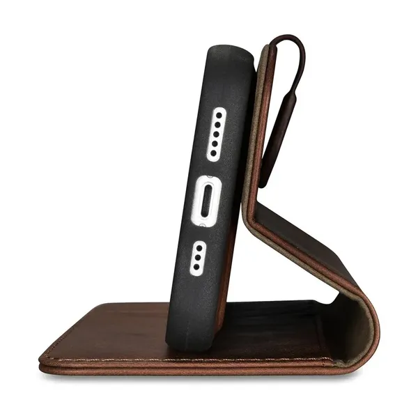 iCarer Oil Wax Wallet Case 2in1 etui iPhone 14 Pro skórzany pokrowiec z klapką Anti-RFID brązowy (WMI14220722-BN)