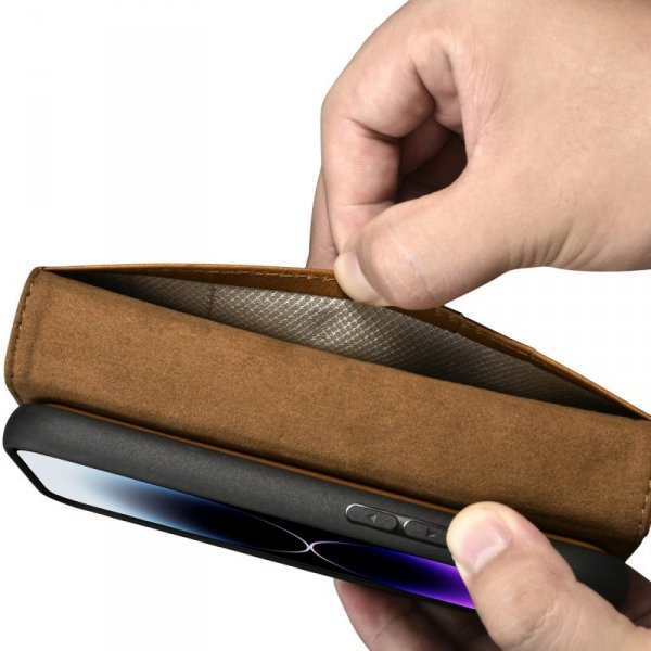 iCarer Oil Wax Wallet Case 2in1 etui iPhone 14 Pro skórzany pokrowiec z klapką Anti-RFID brązowy (WMI14220722-TN)