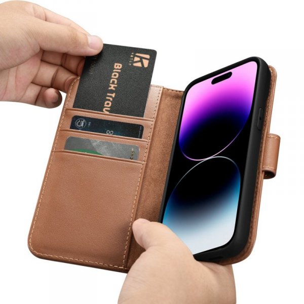 iCarer Wallet Case 2in1 etui iPhone 14 Pro skórzany pokrowiec z klapką Anti-RFID brązowy (WMI14220726-BN)