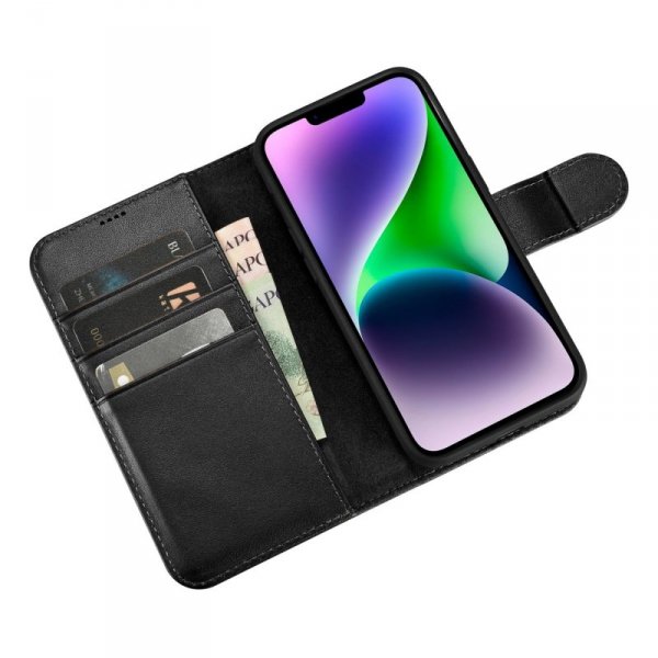 iCarer Wallet Case 2in1 etui iPhone 14 Plus skórzany pokrowiec z klapką Anti-RFID czarny (WMI14220727-BK)