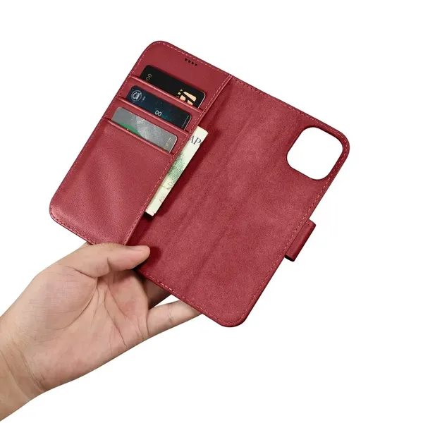 iCarer Wallet Case 2in1 etui iPhone 14 Plus skórzany pokrowiec z klapką Anti-RFID czerwony (WMI14220727-RD)