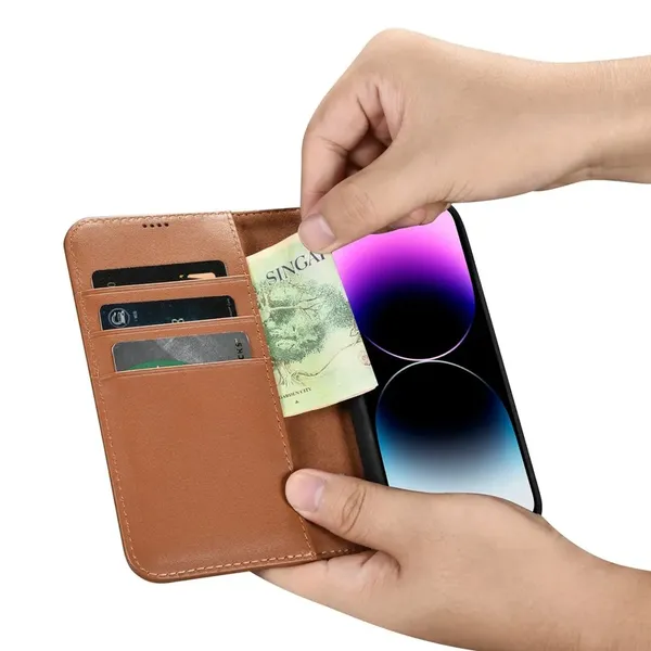 iCarer Wallet Case 2in1 etui iPhone 14 Pro Max skórzany pokrowiec z klapką Anti-RFID brązowy (WMI14220728-BN)