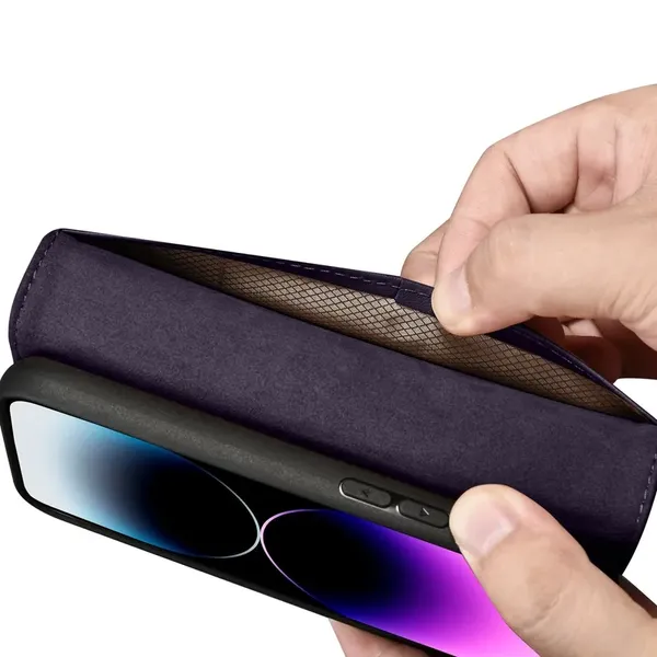 iCarer Wallet Case 2in1 etui iPhone 14 Pro Max skórzany pokrowiec z klapką Anti-RFID ciemnofioletowy (WMI14220728-DP)
