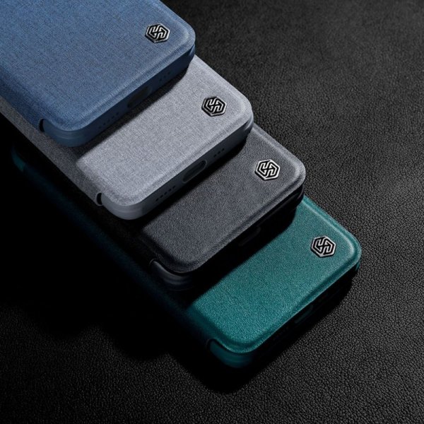 Nillkin Qin Cloth Pro Case etui do iPhone 14 Pro Max osłona na aparat kabura pokrowiec obudowa z klapką niebieski