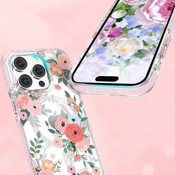 Kingxbar Flora Series magnetyczne etui iPhone 14 Pro Max MagSafe ozdobione nadrukiem w kwiaty rose