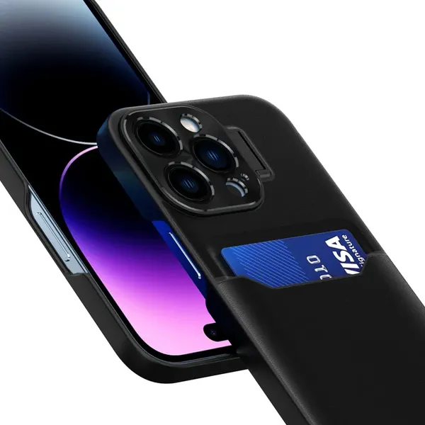 Leather Stand Case etui do iPhone 14 Pro Max pokrowiec portfel na kartę z podstawką czarne