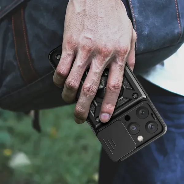 Pancerne etui z podstawką i osłoną aparatu do iPhone 15 Pro Max Hybrid Armor Camshield - różowe