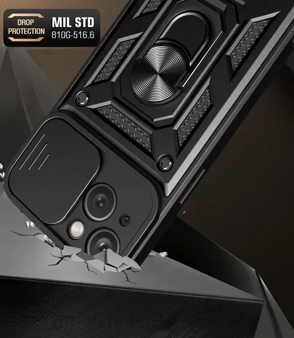 Pancerne etui z podstawką i osłoną aparatu do iPhone 15 Plus Hybrid Armor Camshield - niebieskie