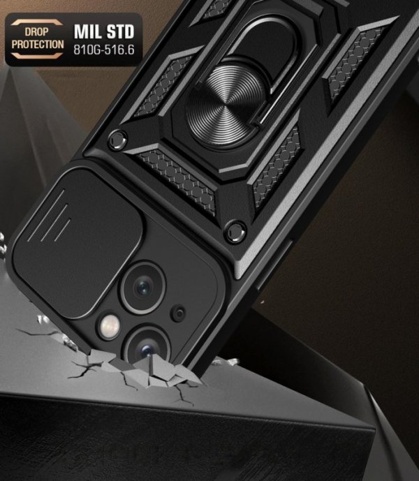 Pancerne etui Hybrid Armor Camshield z podstawką i osłoną aparatu do iPhone 15 - czarne