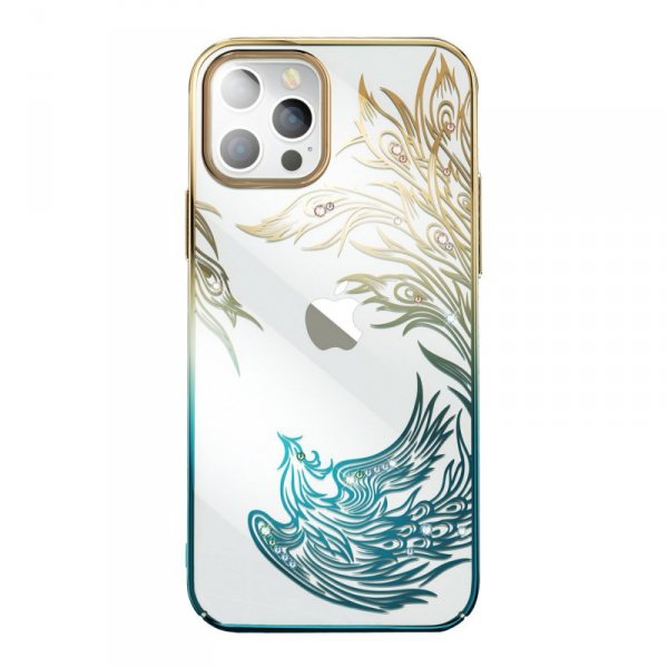 Luksusowe etui iPhone 14 Plus z kryształami Kingxbar Phoenix - złoto-niebieskie