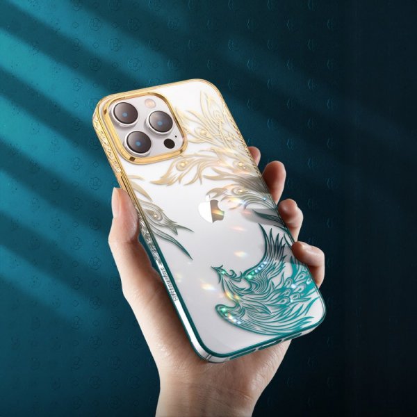 Luksusowe etui iPhone 14 z kryształami Kingxbar Phoenix - złoto-niebieskie