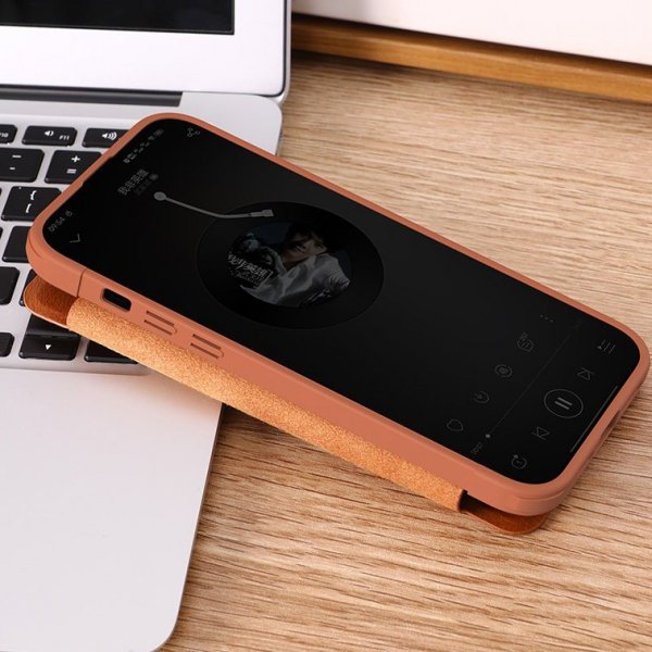 Skórzane etui z klapką osłoną aparatu do iPhone 15 Plus Nillkin Qin Pro Leather - brązowe