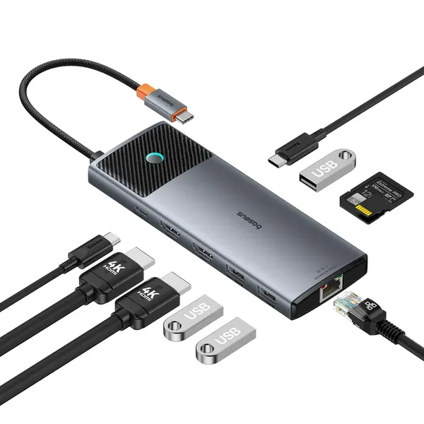HUB 10w1 Baseus Metal Gleam Series II USB-C do HDMI 4K 120Hz / HDMI 4K 60Hz / USB-A 10Gb/s / 2xUSB-A 480Mb/s / USB-C 10Gb/s / RJ