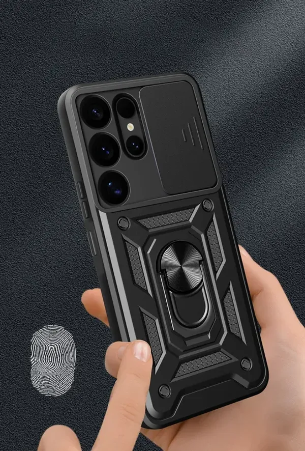 Etui pancerne Hybrid Armor Camshield z osłoną aparatu i metalowym ringiem do Samsung Galaxy S25 Ultra - czarne