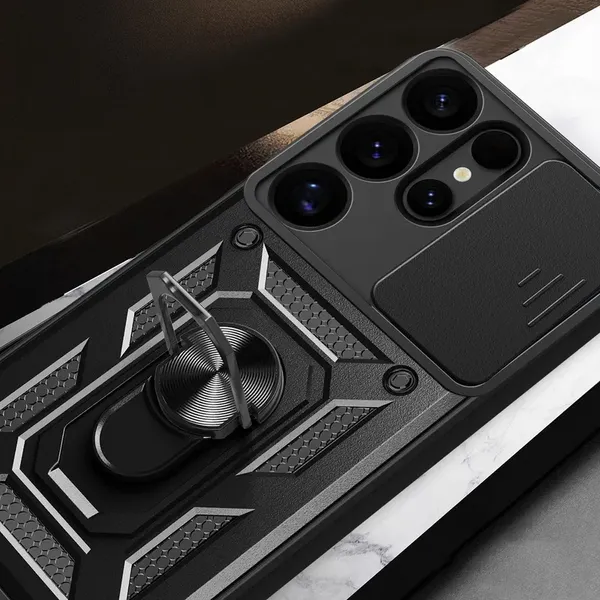 Etui pancerne Hybrid Armor Camshield z osłoną aparatu i metalowym ringiem do Samsung Galaxy S25 Ultra - czarne