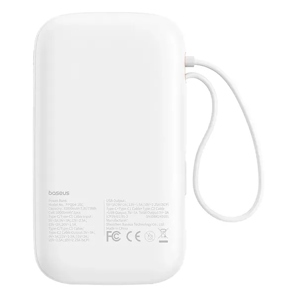 Powerbank Baseus QPow 2 20000mAh 30W z 2 wbudowanymi kablami USB-C - biały