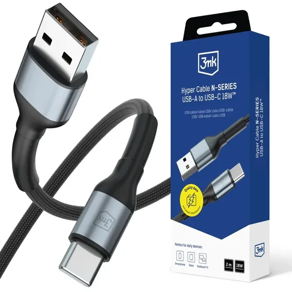 Kabel 3mk Hyper Cable N-SERIES USB-A / USB-C 2m 9V/2A 18W / czarny