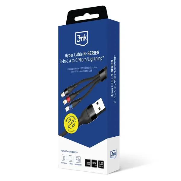 Kabel 3mk Hyper Cable N-SERIES 3 in 1 USB-A / Lightning / Micro 1.2m 9V/2A 18W - czarny