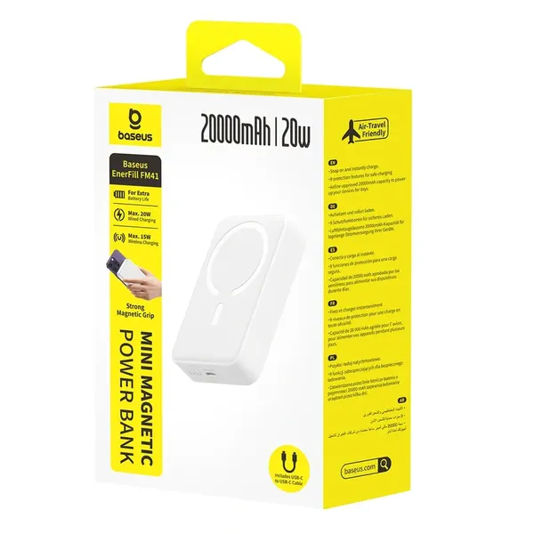 Powerbank magnetyczny Baseus EnerFill FM41 20000mAh 20W z kablem USB-C do USB-C 30cm - biały